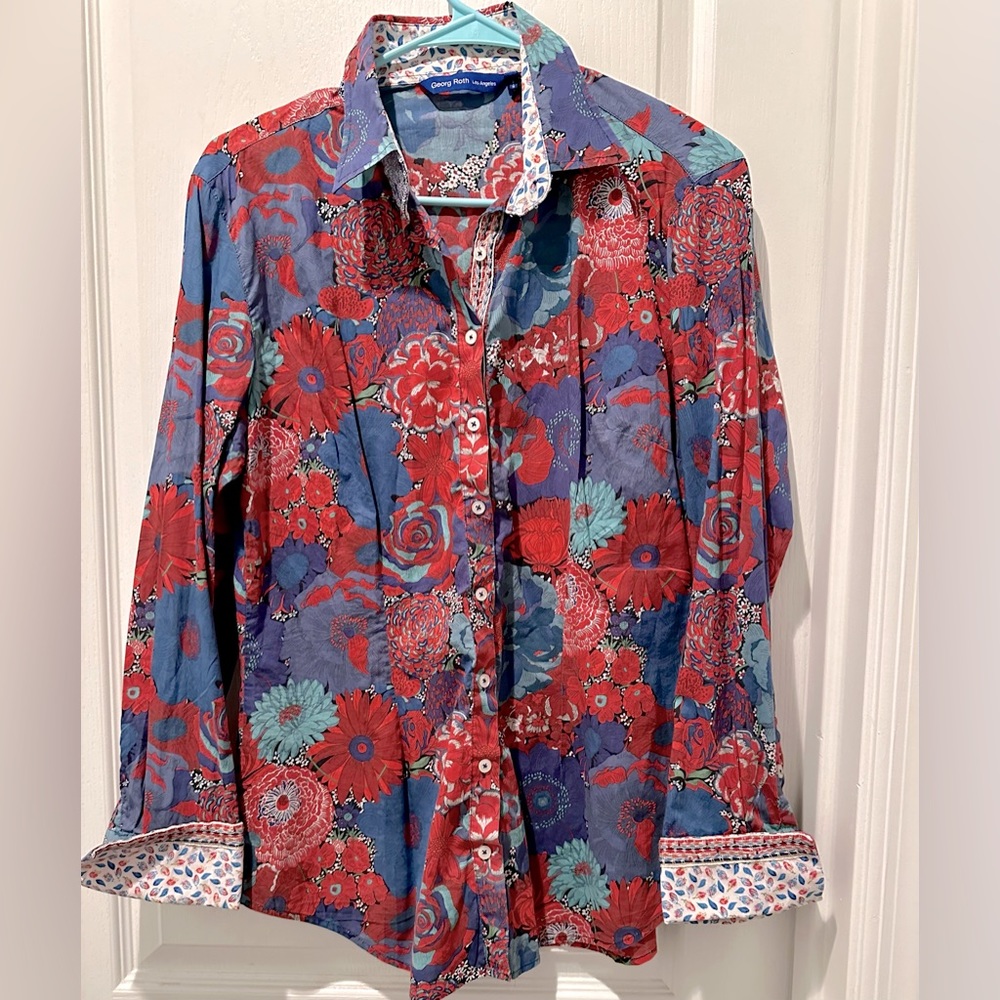 GEORG ROTH Los Angeles Mixed Media Button Front Floral w Flip Cuffs